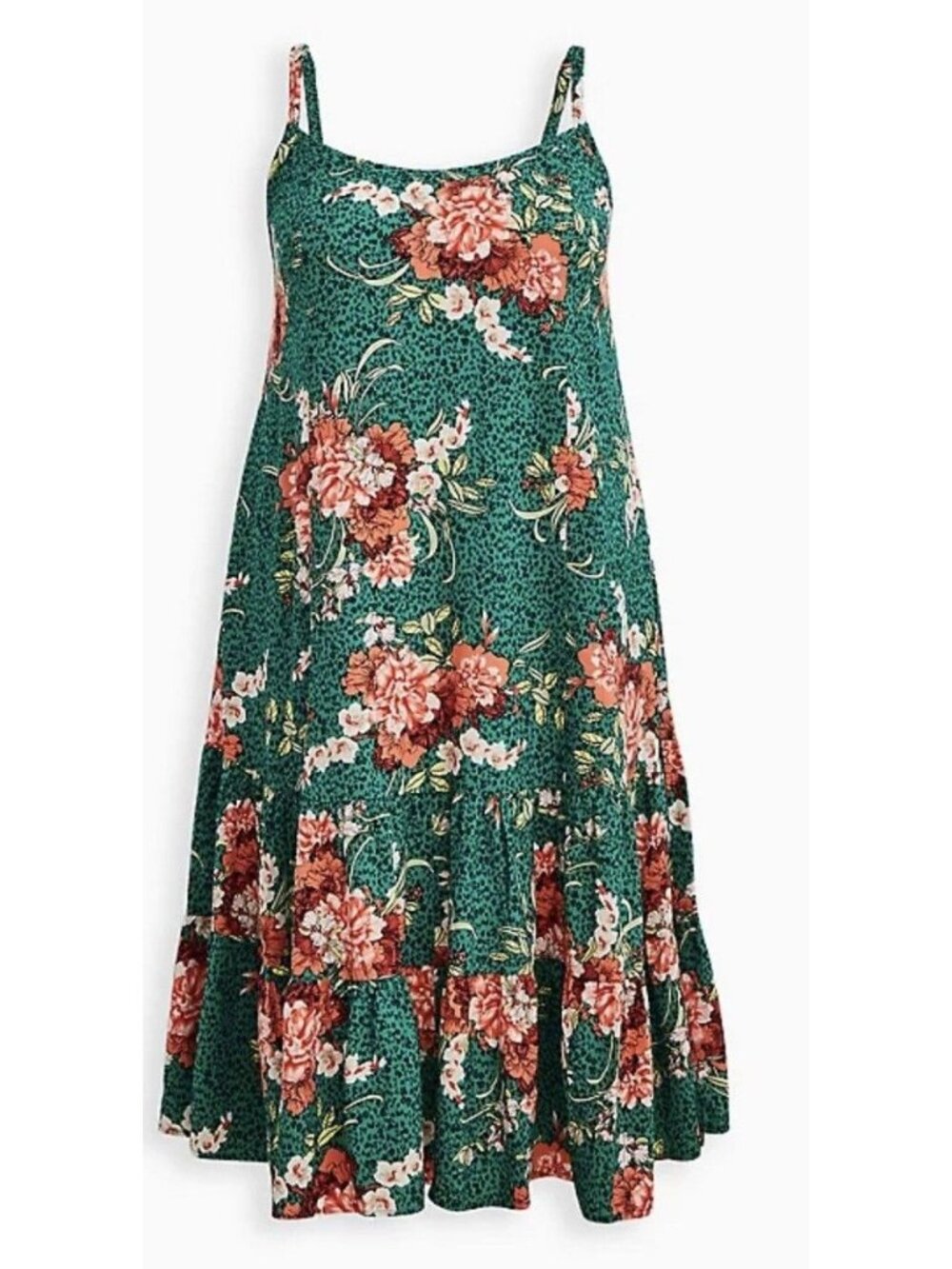 Torrid Womens 1X Floral Midi Challis Sleeveless Trapeze Dress Green Pink Tiered